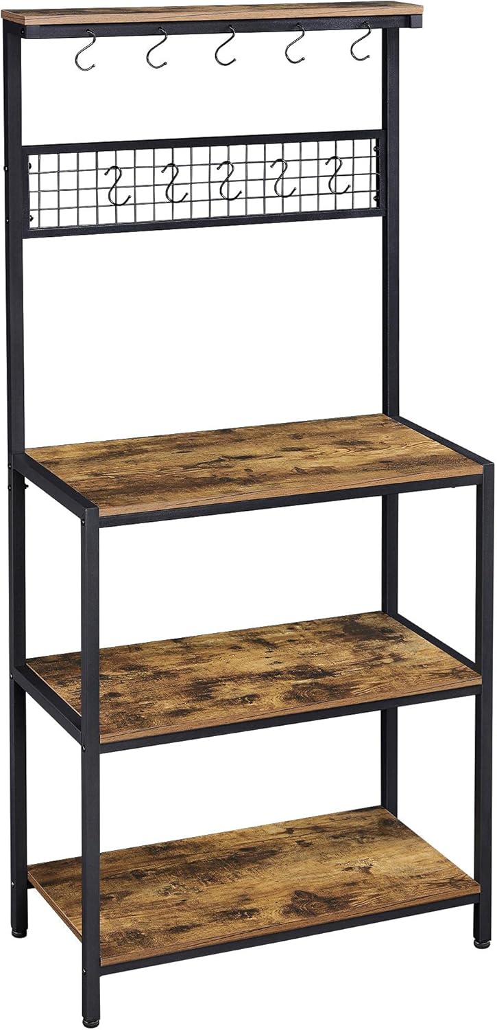 Yaheetech Kitchen Baker&rsquo;s Racks, 4-Tier Microwave Oven Stand, Free Standing Utility Storage Rack w/ 10 Hooks, Adjustable Feet, for Oven/Spices/Pots, 31.5x15x67 Inches, Rustic Brown