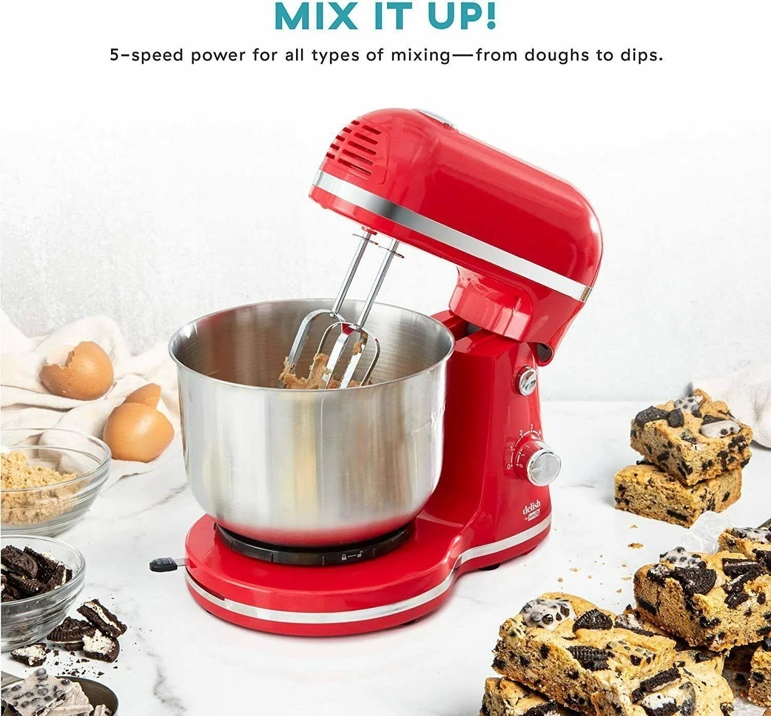 Delish by Dash Compact Stand Mixer 3.5 Quart with Beaters u0026 Dough Hooks Included - Red (DCSM350GBRD02)