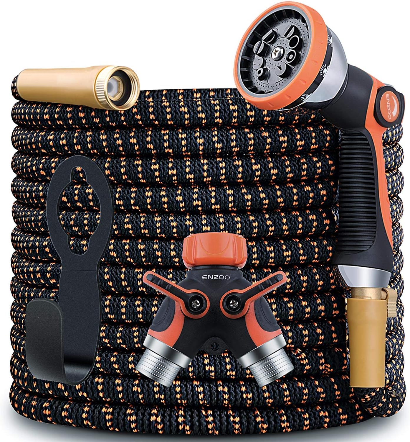 Garden Hose, ENZOO Expandable Garden Hose 100 Feet 4-Layers Latex/Superior Strength 3750D/3/4 Strong Brass Connectors/2-Way Pocket Flexible Splitter with 10 Function Zinc Spray Nozzle Pack of 2