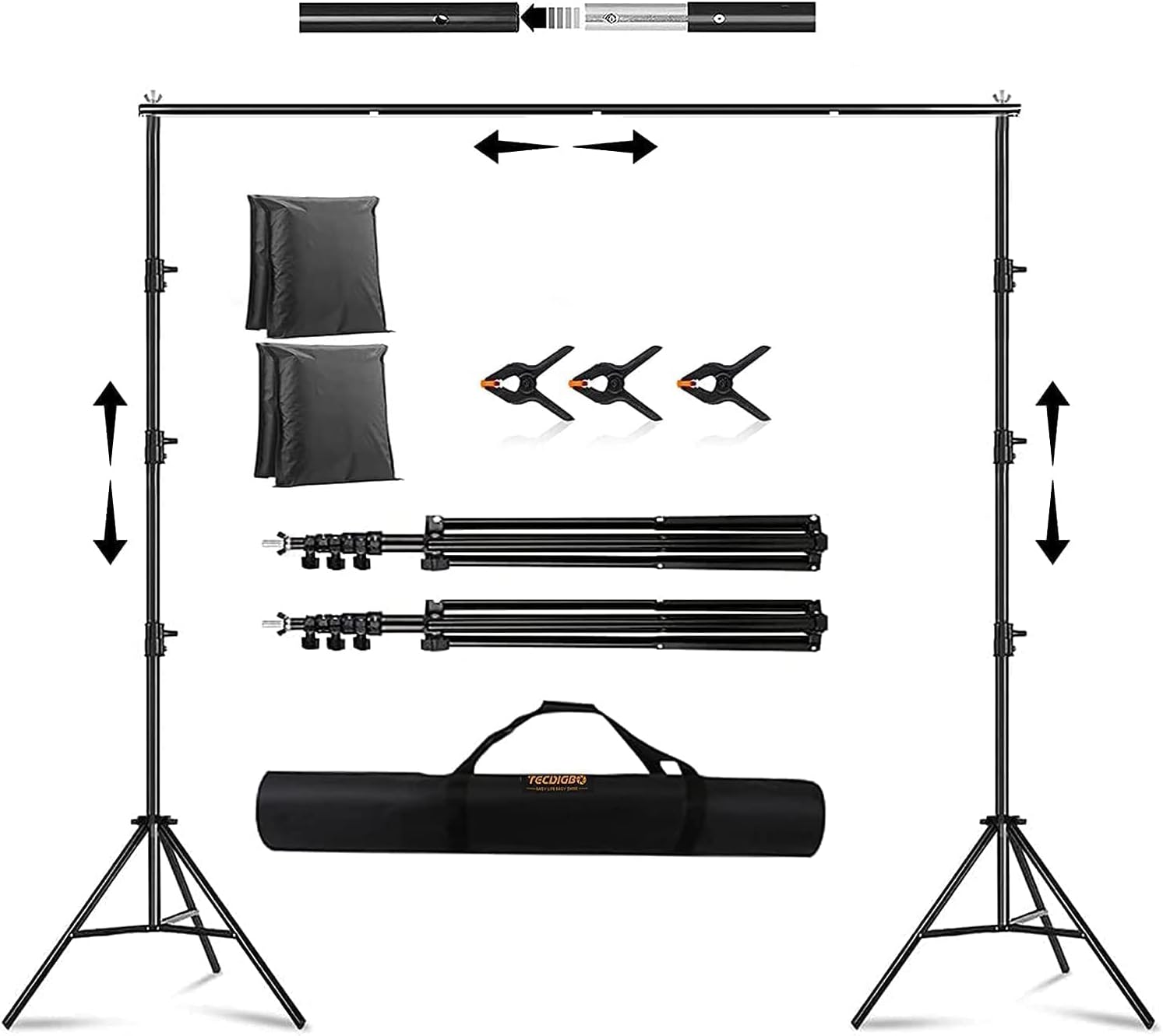 TECDIGBO 10x8.5FT Backdrop Stand Kit for Parties Adjustable Studio Premium Photo & Video Support System Stand Kit with Spring Clamp, Sand Bag, Carry Bag for Live Stream Party Event Photography Studio