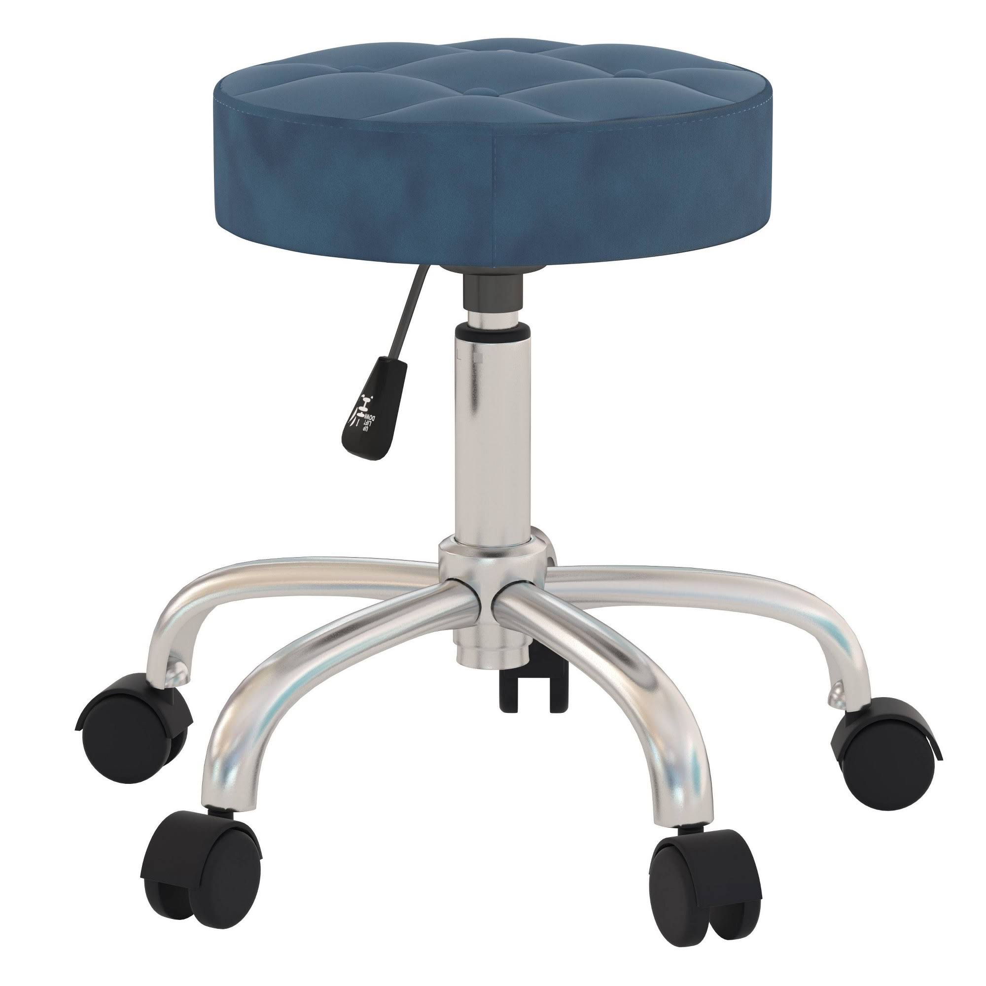 Hillsdale Nora Tufted Adjustable Backless Metal Office or Vanity Stool with Casters, Blue