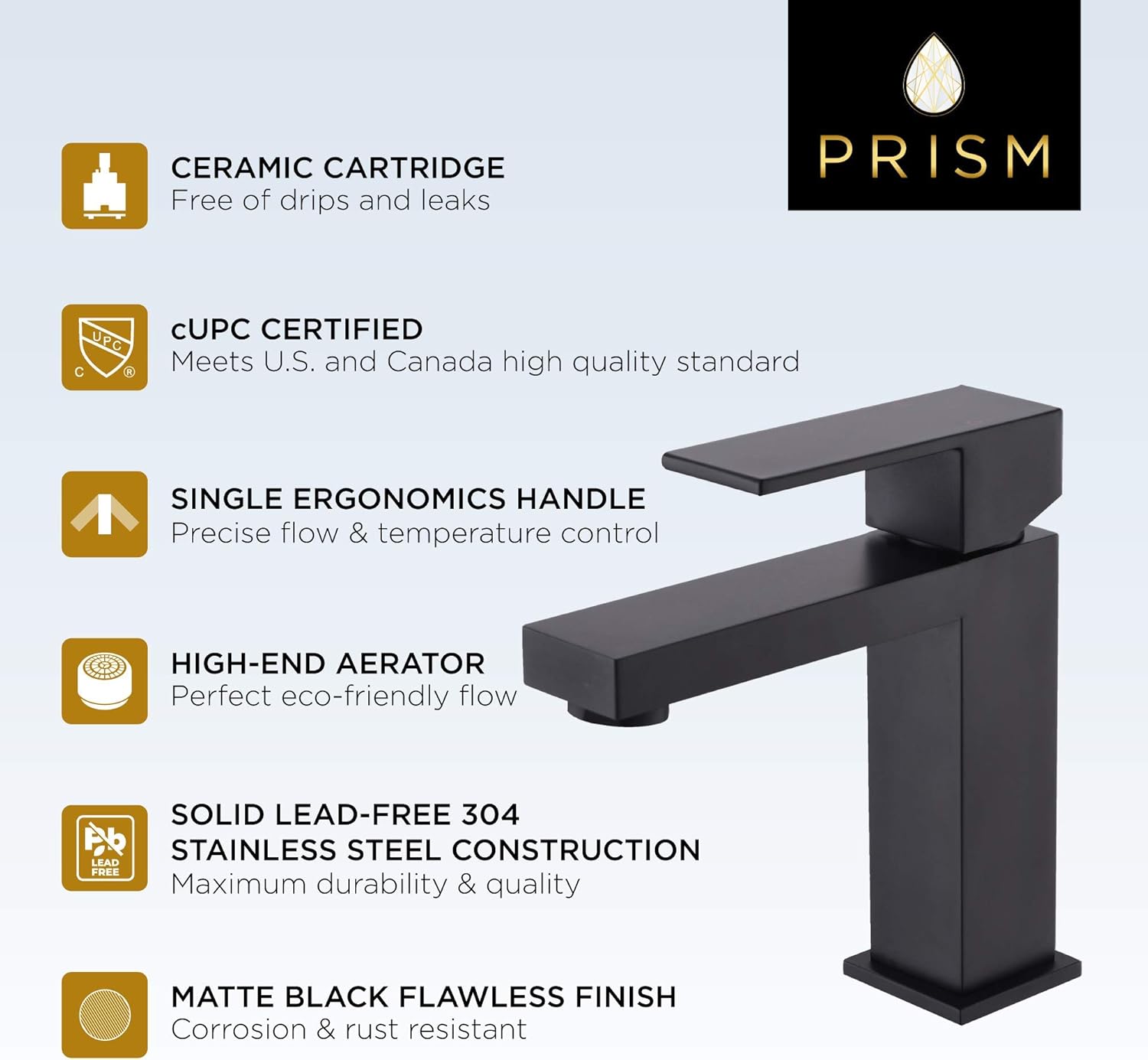 Matte Black Bathroom Faucet - Single Hole Modern Bathroom Faucet Black, Lead-Free Stainless Steel Construction, Ceramic Cartridge, cUPC Certified, ADA Single Handle Bathroom Sink Faucet Black by PRISM