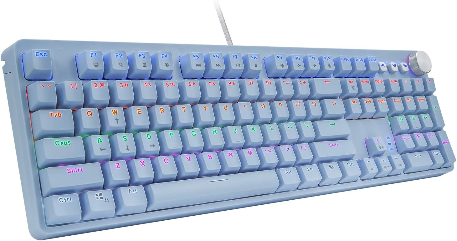 HUO JI BT-855 Mechanical Gaming Keyboard, USB Wired with Red Switches, Rainbow LED Backlit, Multimedia Keys, 108 Keys No Conflict, Blue Pack of 2