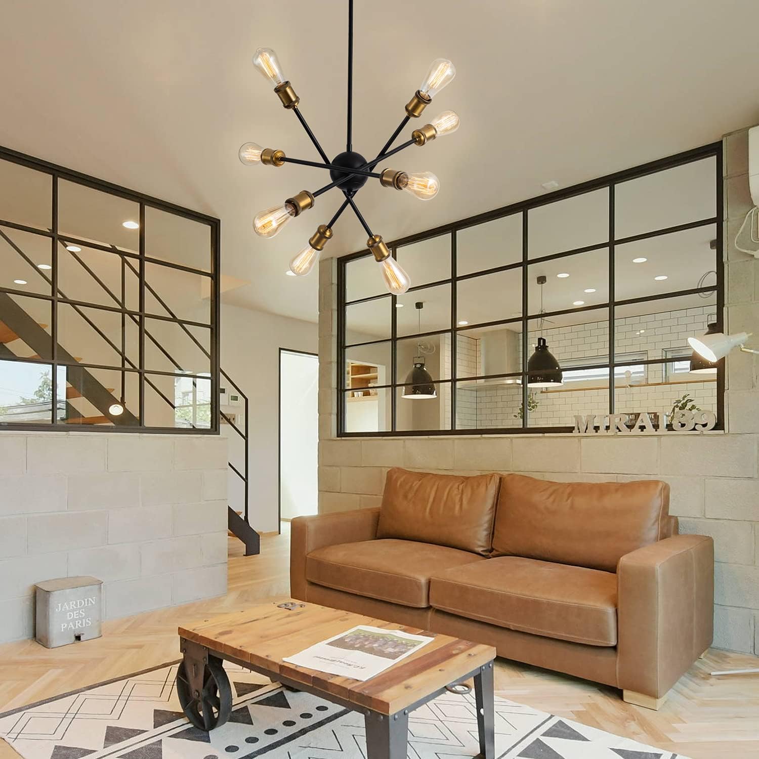 Weesalife Sputnik Chandeliers 8 Lights Modern Rotatable Mid Century Pendant Lighting Industrial Vintage Ceiling Light Fixture for Living Room Dining Room Kitchen Bedroom, Black and Gold