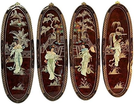 Oriental Furnishings Chinese Art Panels Inlaid Mother of Pearl in Red and Black Lacquer