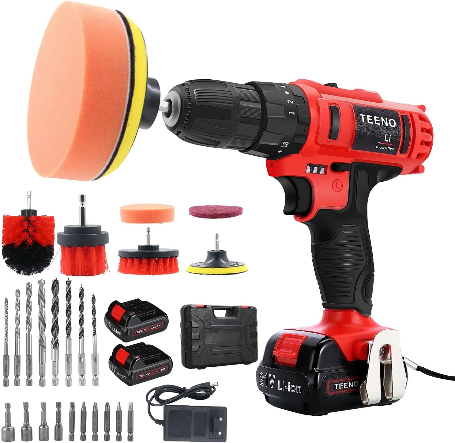 TEENO Cordless Impact Drill, 21V 1.5Ah Lithium-Ion Battery Drill Drive Kit with 2 Variable Speeds, 25pcs Accessories, 3/8