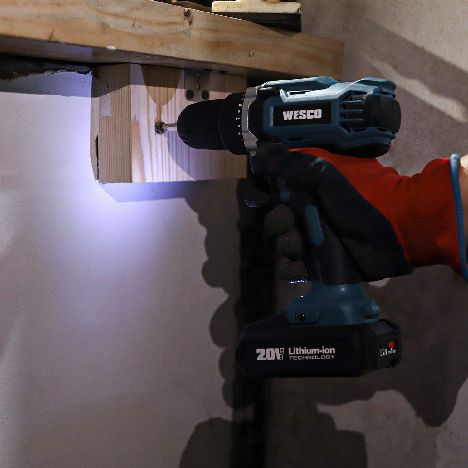 WESCO 20V POWER Cordless Drill Driver, Electric Impact Drill, 1 x Li-ion Battery, 21+1 Torque Setting, 3/8 inch Keyless Chuck, Variable Speed and LED light, Belt Clip