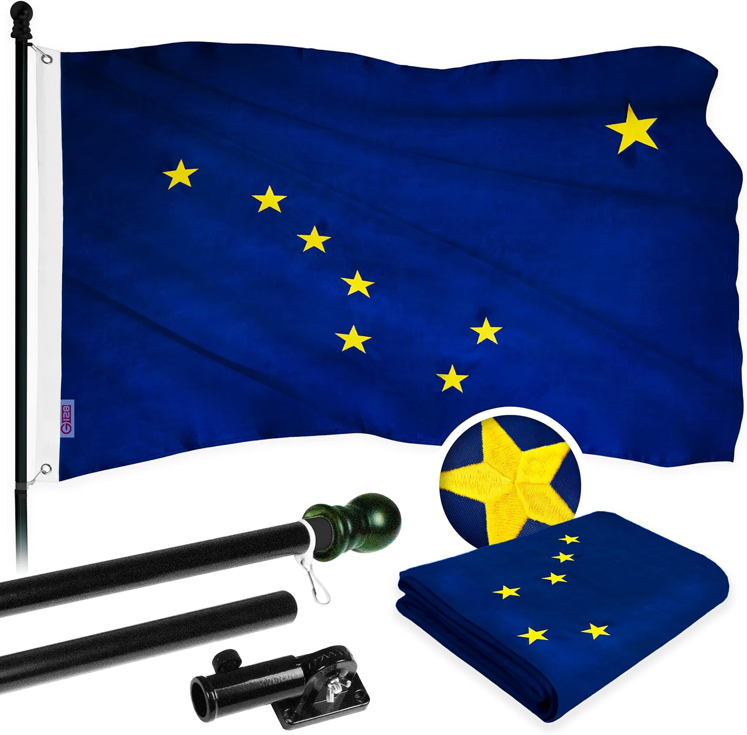 G128 - 6 Feet Tangle Free Spinning Flagpole (Black) Puerto Rico Flag Brass Grommets Embroidered 3x5 ft (Flag Included) Aluminum Flag Pole