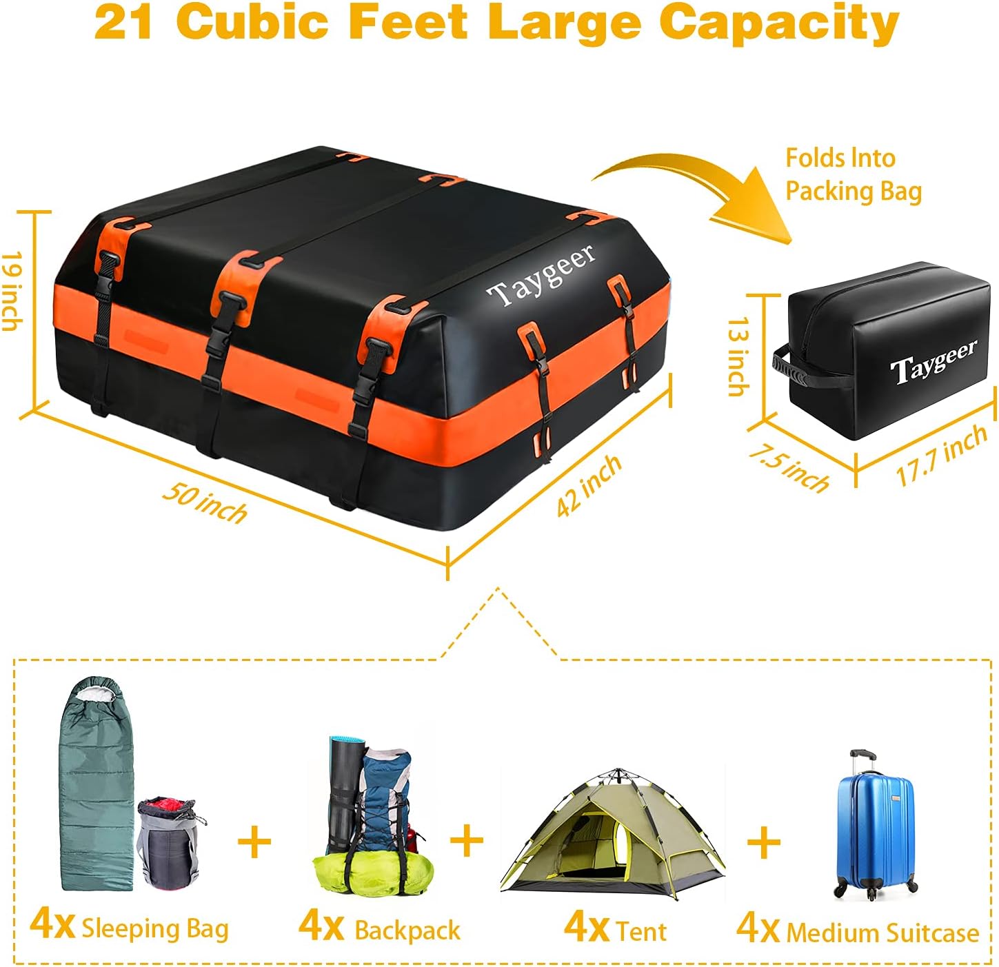 Rooftop Cargo Carrier, Waterproof Soft Car Top Carrier Roof Bag 21 Cubic Feet for All Cars with/Without Rack, Taygeer SUV Vehicle Soft-Shell Cargo Carrier with Door Hooks，Anti-Slip Mat & Storage Bag