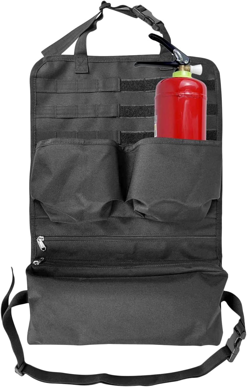 Car Seat Back Organizer with Extinguisher Rack Universal Tactical Molle Vehicle Panel Seatback Storage Cover Feature Molle Straps Vehicles Accessories Ideal for Jeep, SUV, Truck, Pickup