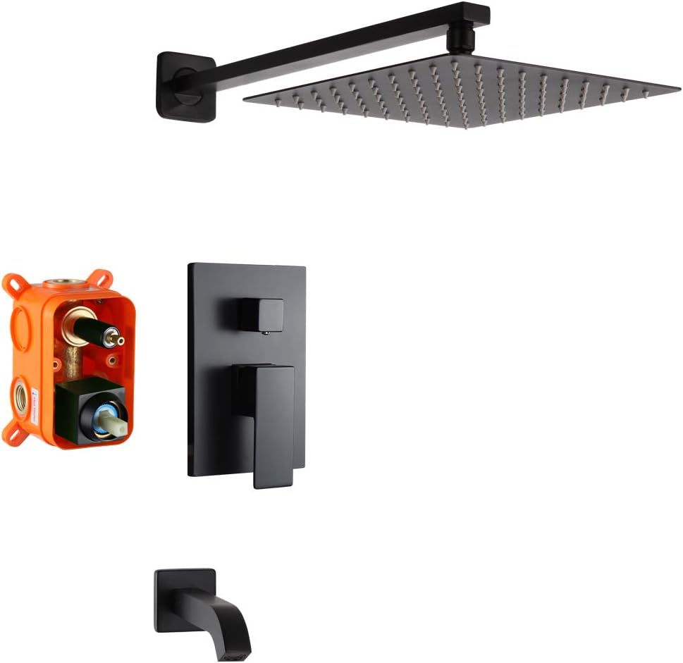 POP Black Shower Faucet Set with Tub Spout Bathroom Luxury Rain Mixer Shower System Wall Mounted Rainfall Shower Combo Set, Single Handle Tub and Shower Trim Kit with Rough-in Valve