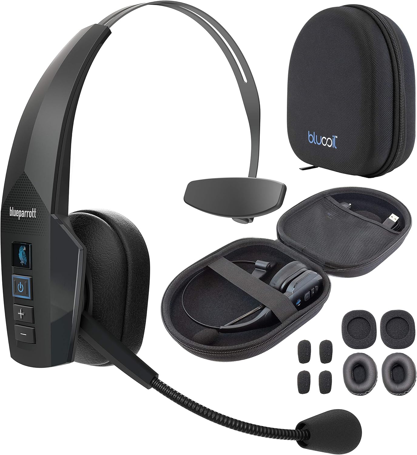 BlueParrott B350-XT BPB-35020 Noise Canceling Bluetooth Headset with 300-FT Wireless Range for iOS and Android Bundle with Blucoil Headphones Carrying Case, and Replacement Ear Pads