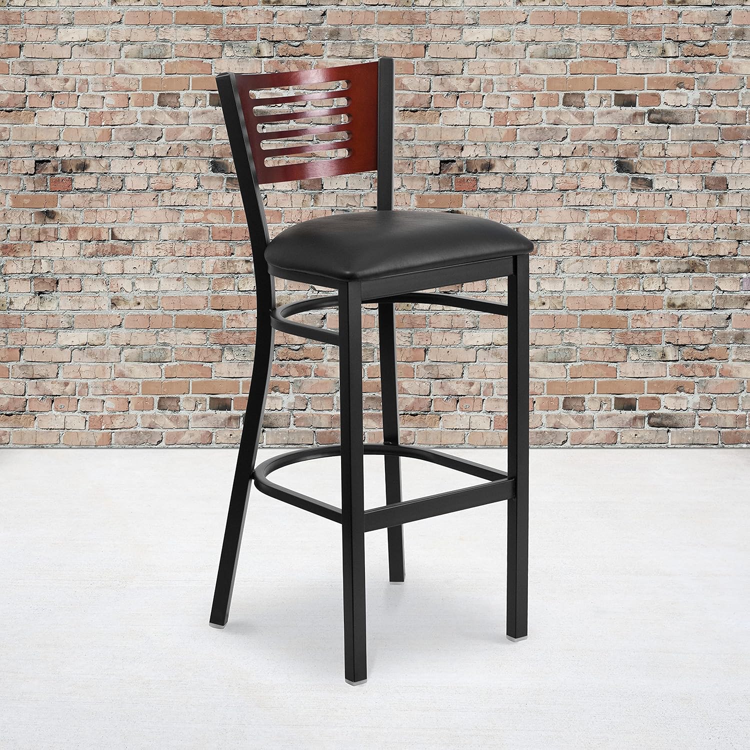 Flash Furniture HERCULES Series Black Slat Back Metal Restaurant Barstool - Walnut Wood Back, Black Vinyl Seat
