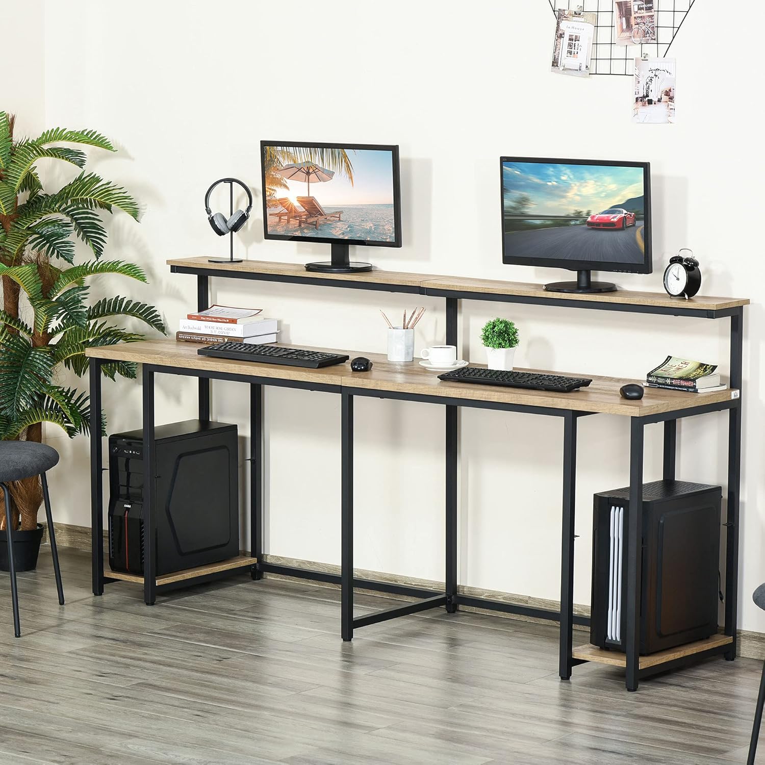 HOMCOM Two Person Home Office Desk with Elevated Monitor Shelf, Bottom CPU Tower Shelf and Large Desktop, Black/Brown