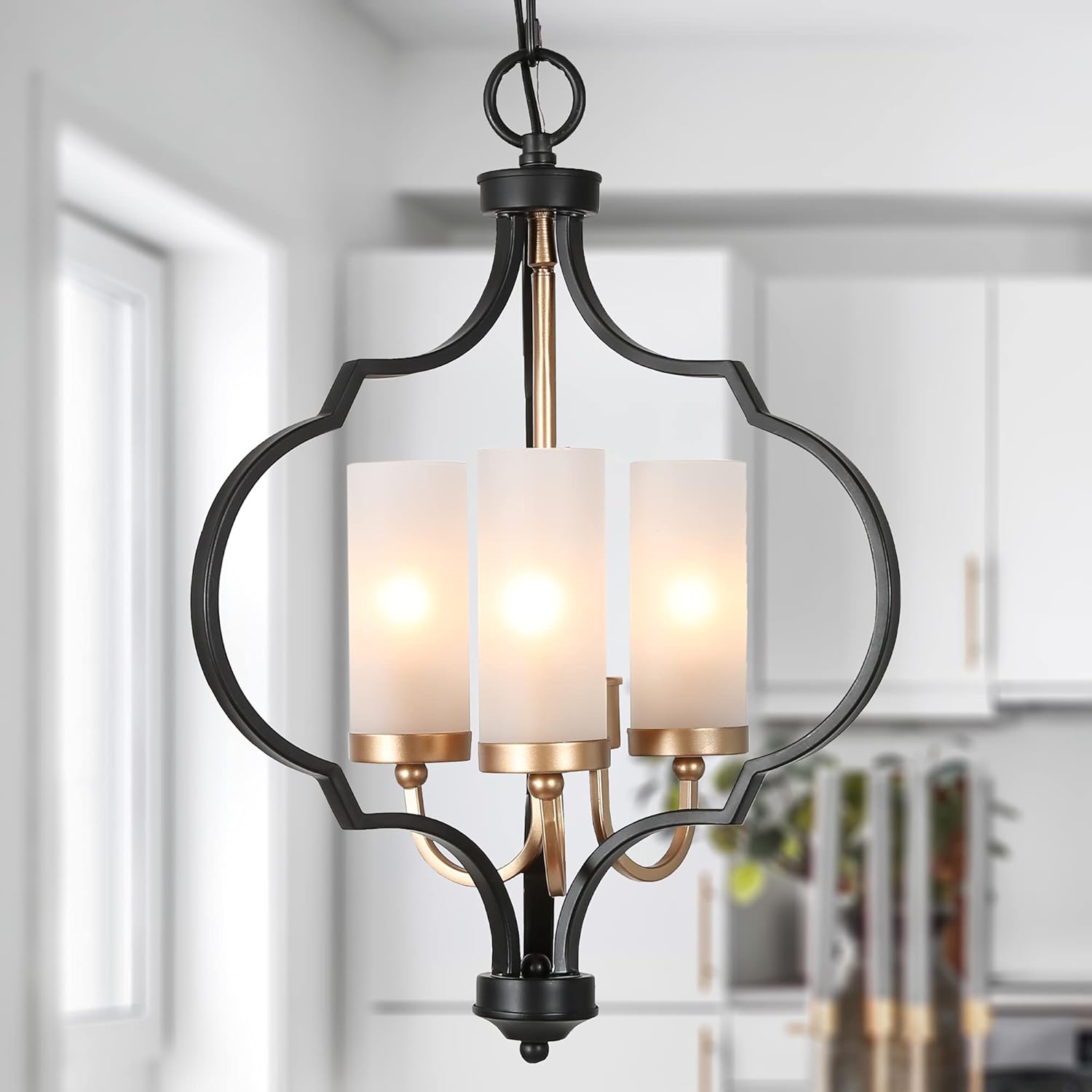 Durent Lighting Modern Orb Chandelier, 3-Light Black and Gold Pendant Light Fixture with Frosted Glass Shade for Kitchen Island, Dining Room, Bedroom, Foyer, Entryway