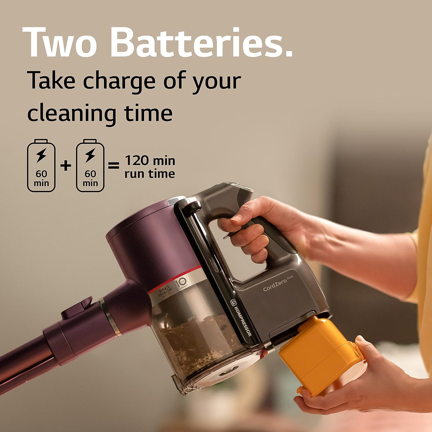 LG CordZero Cordless Stick Vacuum Cleaner, Hard Floor, Carpet, Wet Mop, Car, Powerful Suction, High-Capacity Dust Bin, Extra Battery, Up to 120 Min, Lightweight, A929KVM