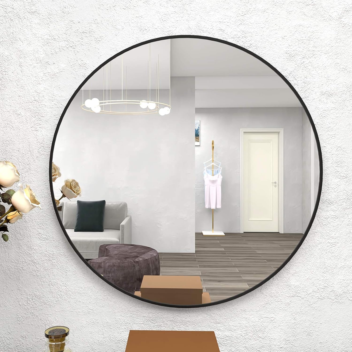 INSTAGOBO Round Bathroom Wall Mirror with Lights,24 inch Round Vanity Mirror, Black Metal Frame Wall Mirror, Suitable for Bathroom, Living Room and Entrance, Corridor, Bedroom