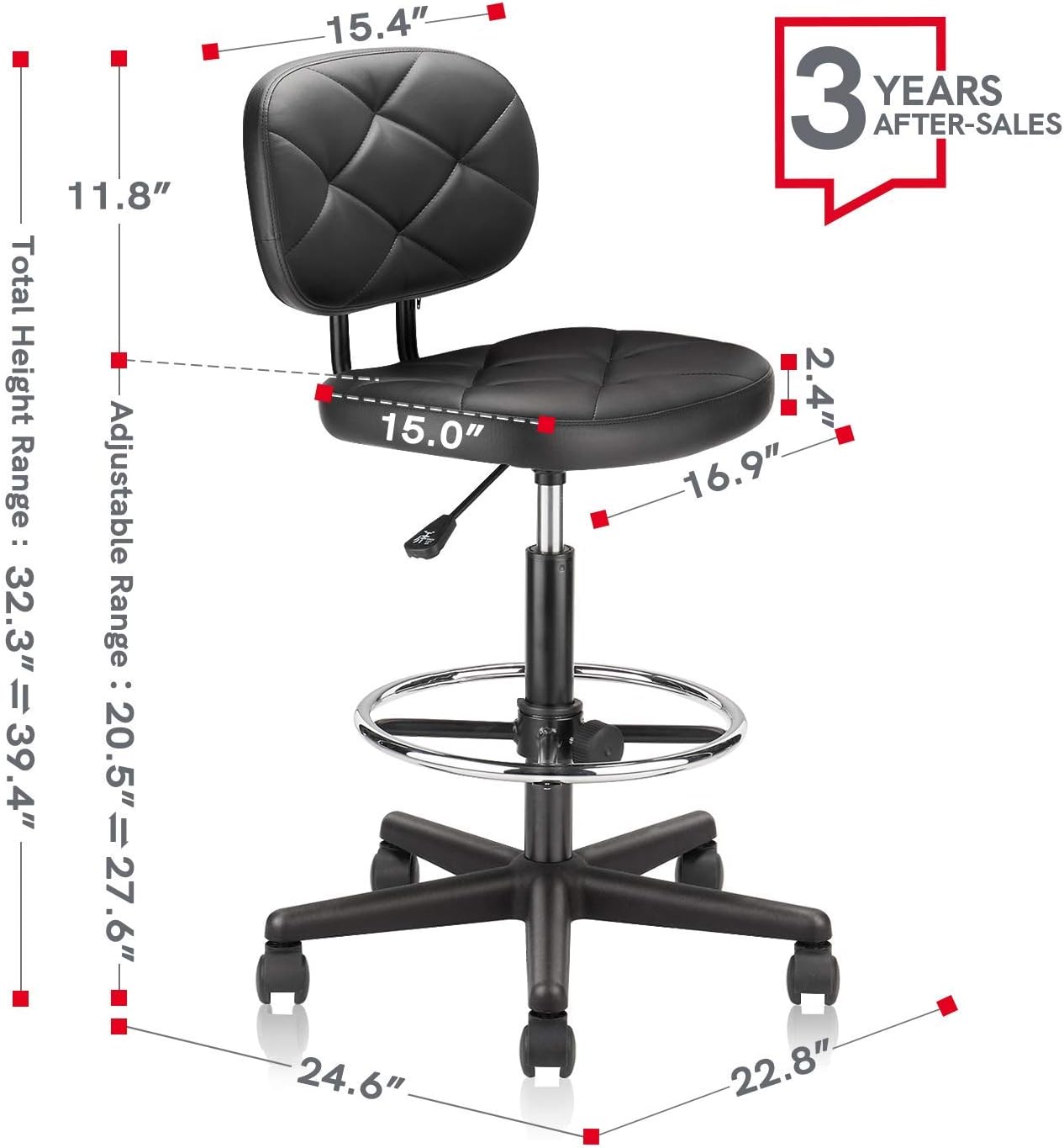 KLASIKA Tall Drafting Rolling Stool Chair with Low Back Support and Adjustable Foot Rest Ring Set of 4 PU Leather Vinly Wide Seat Swivel Standing Desk Chair for Office Home 4 Pack