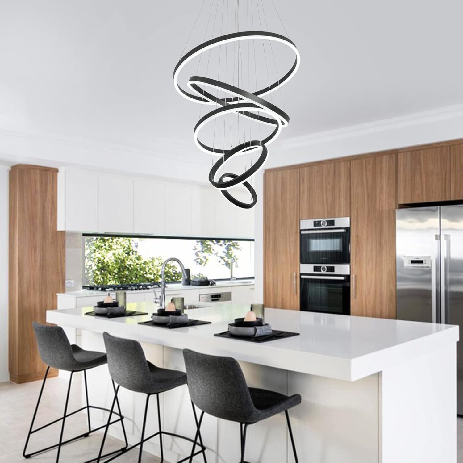 Meenyo Modern Black Chandeliers 5 Ring Led Chandelier Lighting Dimmable Luxury Contemporary Ceiling Pendant Light Fixtures for High Ceiling Living Room Foyer D23.6 inch