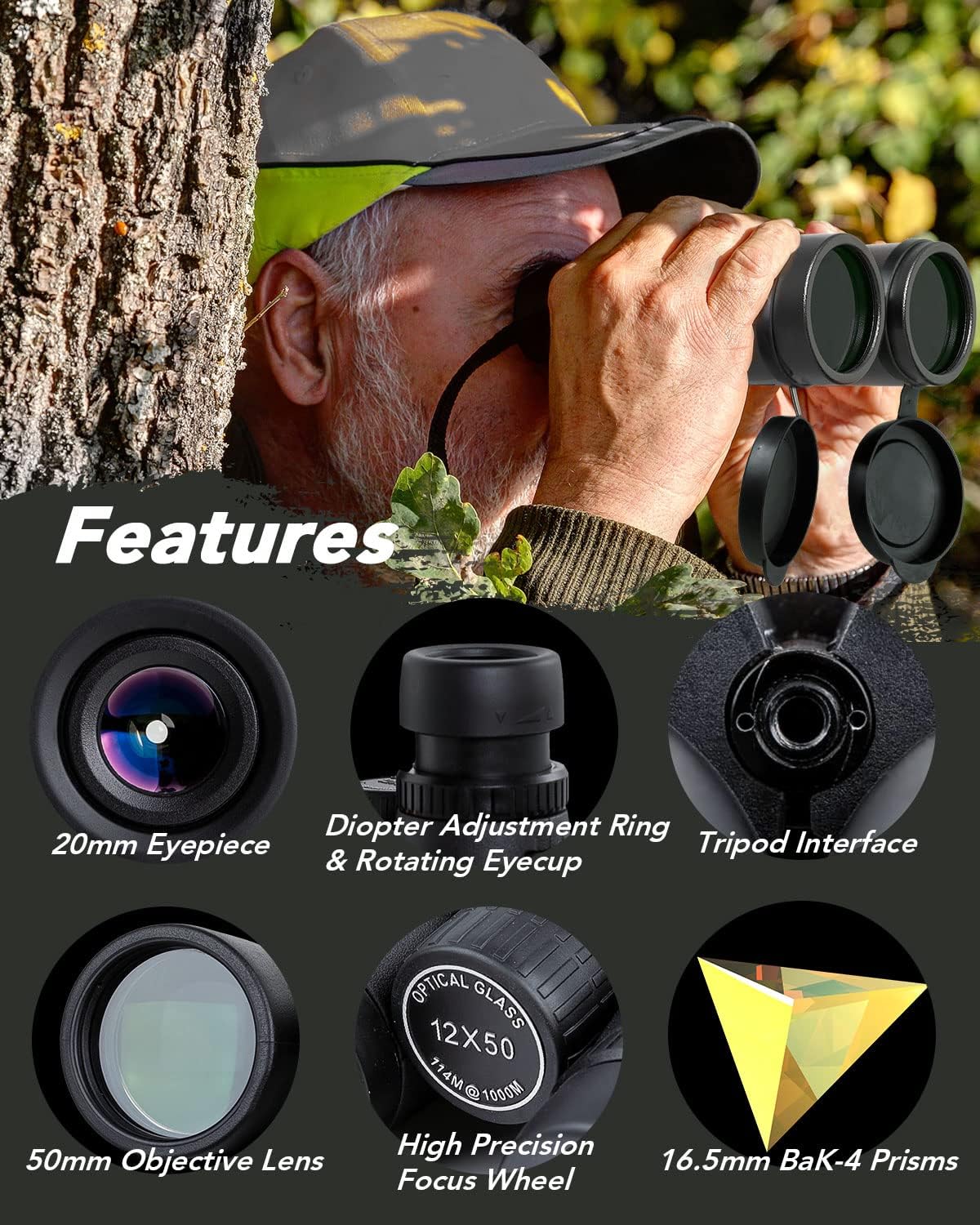Usogood 12x50 Binoculars for Adults - IPX7 Professional Waterproof & Fog-Proof - Binoculars for Bird Watching, Stargazing, Hunting - Includes Tripod and Phone Adapter - Large Eyepiece (Black)