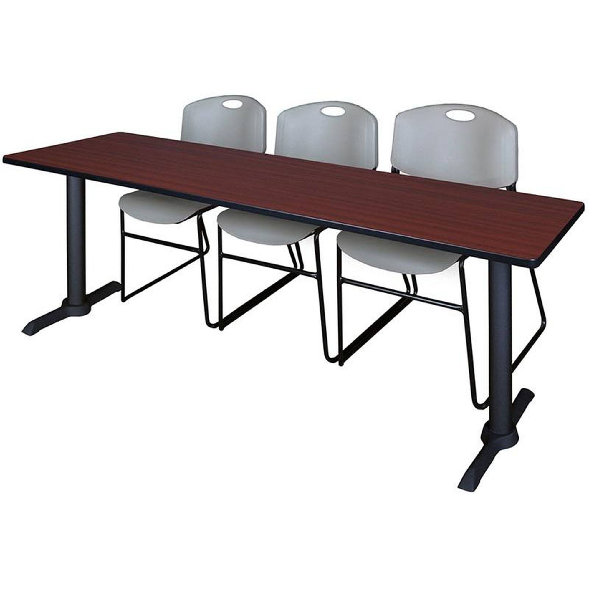 Regency Cain 84x22 x 24x22 Training Table- Mahogany u0026 3 Zeng Stack Chairs- Grey