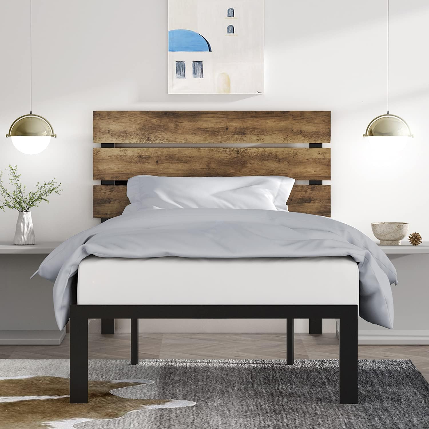 Einfach Rustic Platform Metal Bed Frame with Wooden Headboard and Footboard/Mattress Foundation with Strong Slat Support/No Box Spring Needed/Easy Assembly,Full