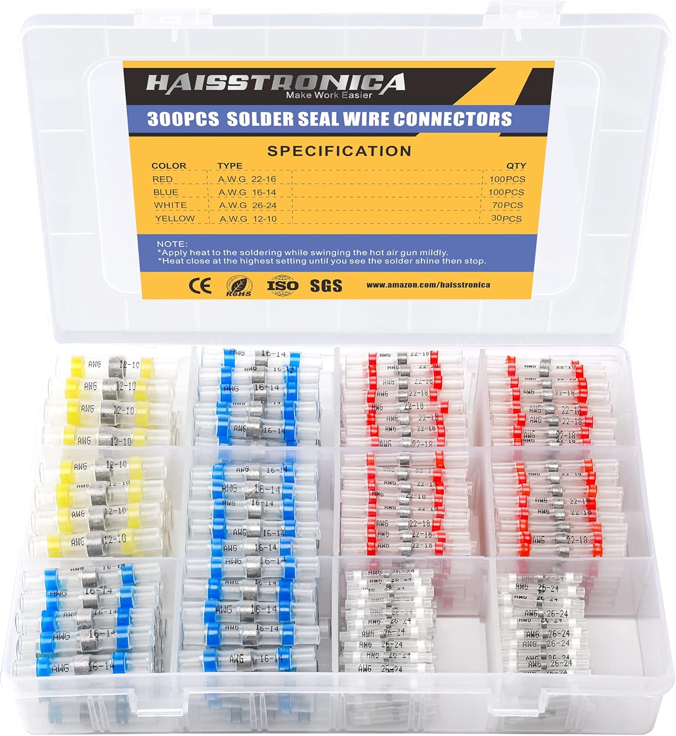 300PCS Solder Seal Wire Connectors-haisstronica Marine Grade Heat Shrink Wire Connectors-Heat Shrink Butt Connectors-Self Solder for Marine,Stereo(30Yellow 70White 100Red 100Blue) Solder Sleeve Pack of 2