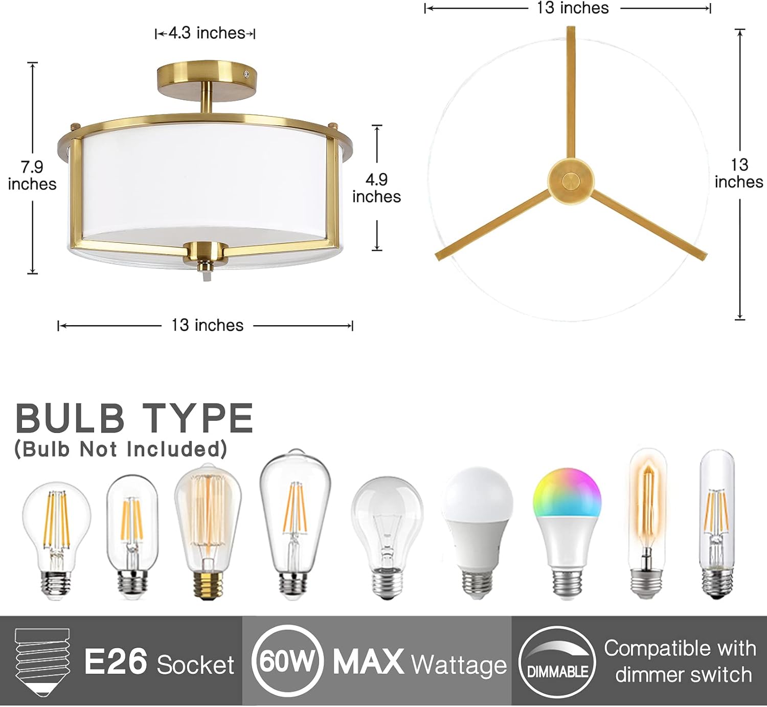 Semi Flush Mount Ceiling Light,13-inch Drum Ceiling Light Fixture,Antique Brass Finish with Fabric Hardback Shade,Flush Mount Light Fixtures for Bedroom,Hallway and Foyer