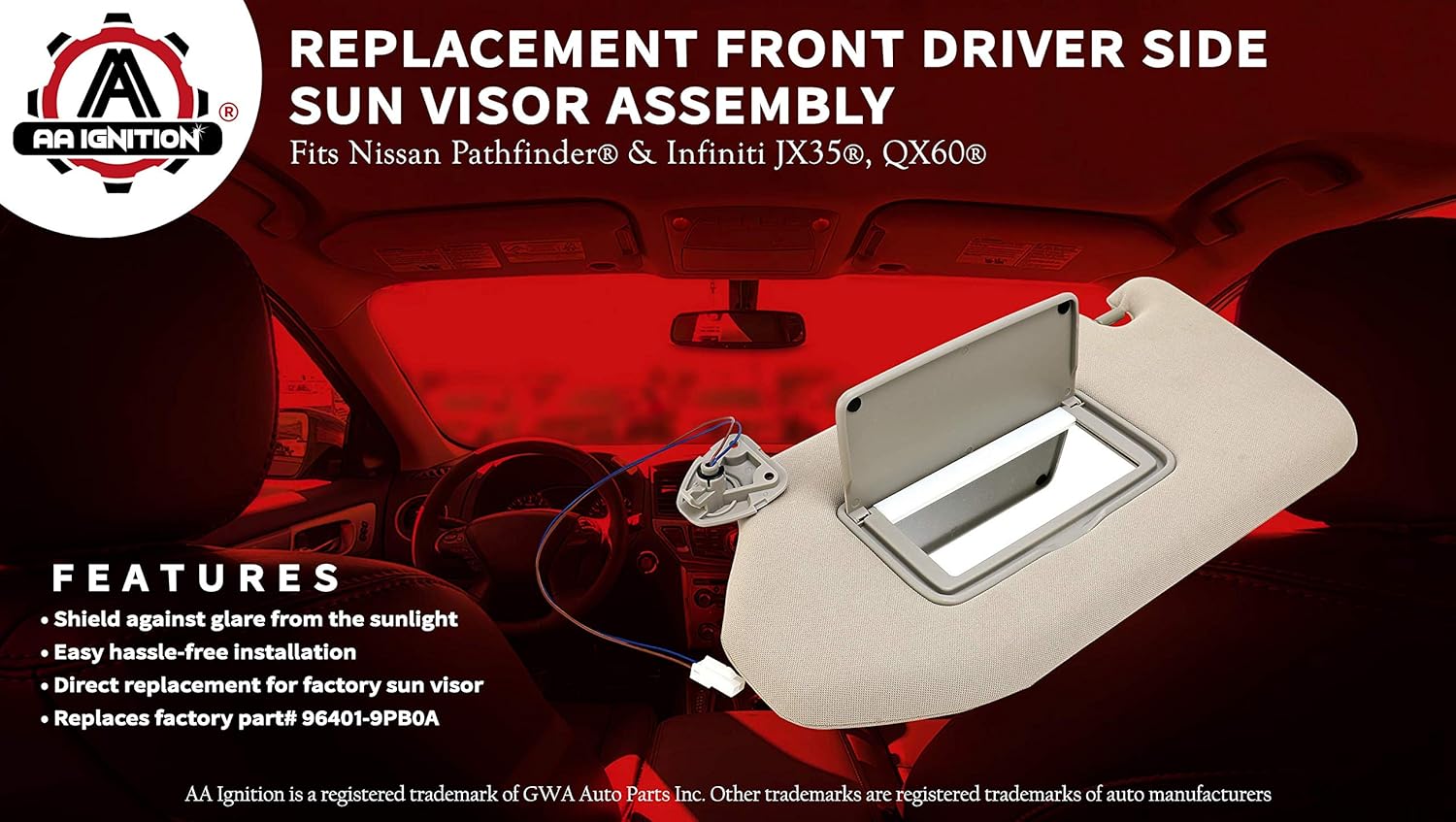 Driver Side Sun Visor Left Side Tan with Lamp - Compatible with Nissan & Infiniti - 2013, 2014, 2015, 2016, 2017, 2018 - Pathfinder, QX60, 2013 JX35 - Replaces 96401-9PB0A, 96401-3JA0A, 96401-3KM0A