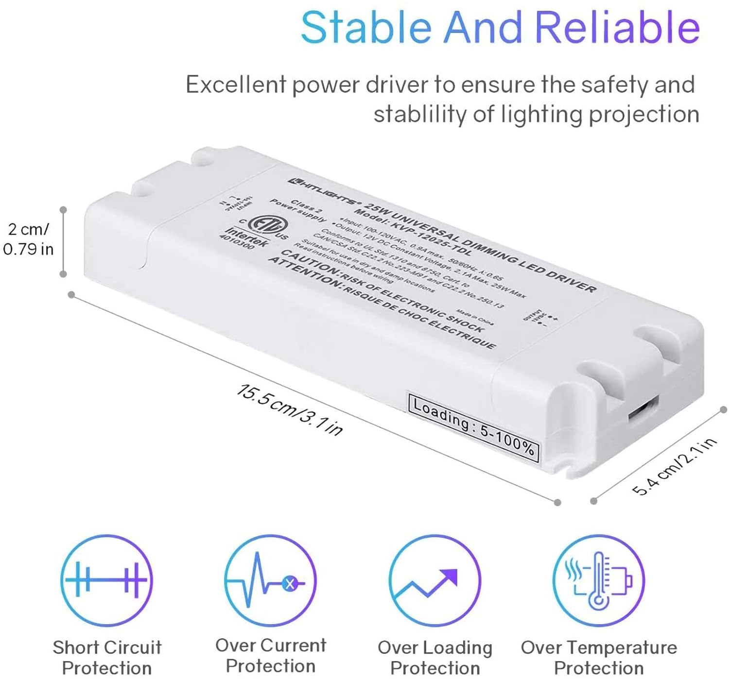 HitLights 25 Watt Dimmable Driver, Electric LED Driver 110V AC-12V DC Transformer Compatible with Lutron&Leviton for LED Strip Lights, Constant Voltage LED Products(Removable AC Cord Included) Pack of 2