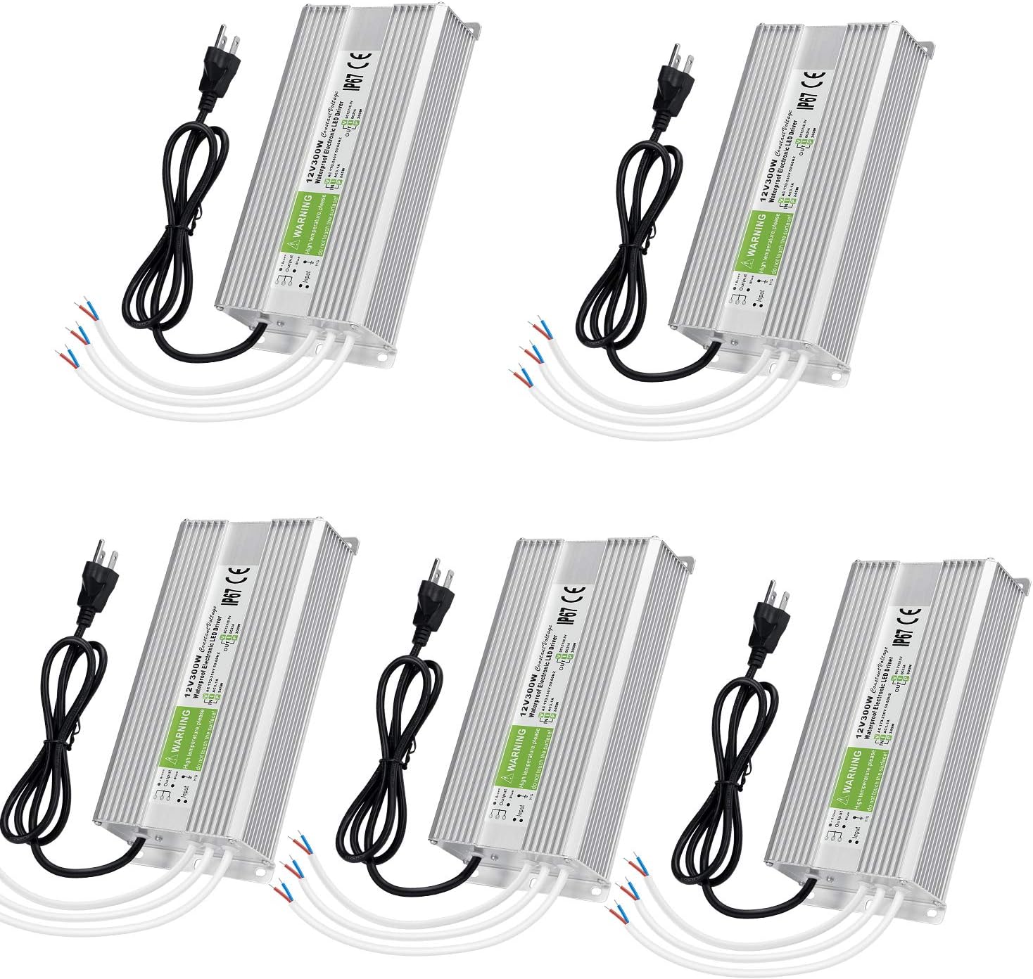 LEDMO 5 Pack Waterproof IP67 LED Power Supply Driver Transformer 300W 110V AC to 12V DC Low Voltage Output with 3-Prong Plug 3.3 Feet Cable