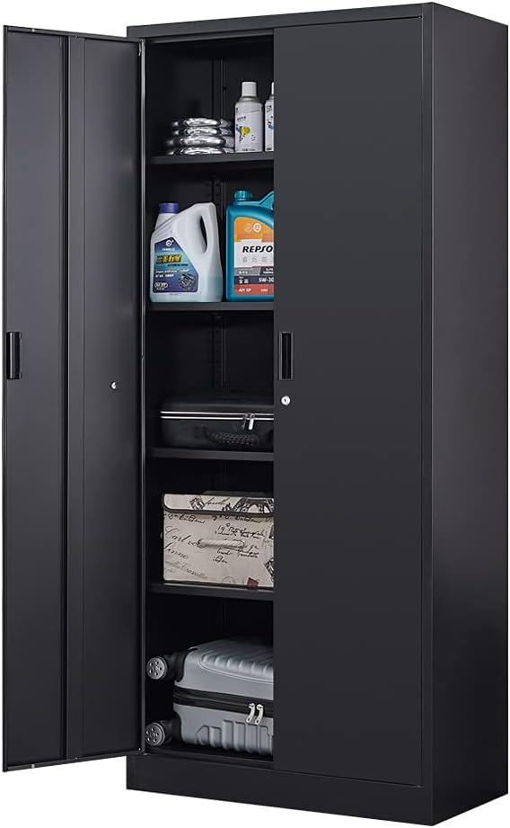 iCHENGGD Metal Storage Cabinet with 2 Door and 4 Adjustable Shelves, 70.8 inch Tall Steel Cabinet for Warehouse, Garage, Home, Office,Easy Assemble Required (Black)