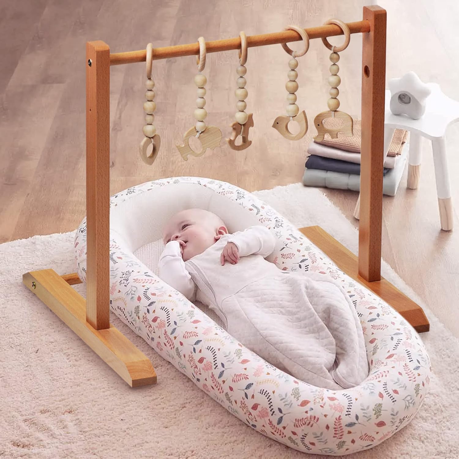 Wooden Baby Gym, GIFOYN Baby Gym with 5 Wooden Baby Toys Height Adjustable Baby Play Gym Frame Activity Gym Hanging Bar Newborn Gift Baby Girl and Boy Gym Pack of 2