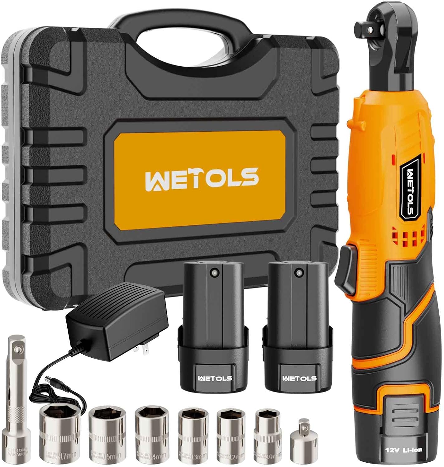 WETOLS 12V Cordless Ratchet Wrench 3/8 Inch 40Ft-lbs, Electric Ratchet Kit with 2 Pack 2000 mAh Li-ion Batteries, 8 Accessories and Fast Charger