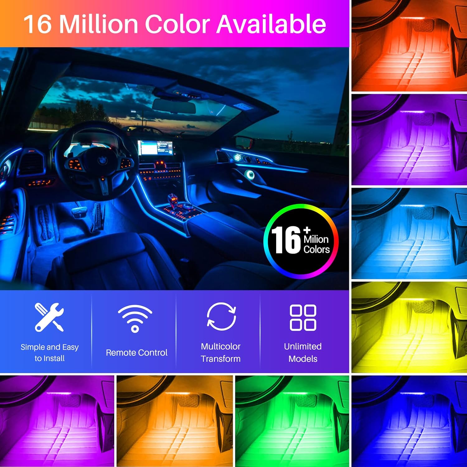 LED Lights for Car, CT CAPETRONIX Clearance Car LED Lights Interior Car Accessories with 2 in 1 Design, 16 Million Colors Music Sync DIY Under Dash Car Lights with Charger, DC 12V