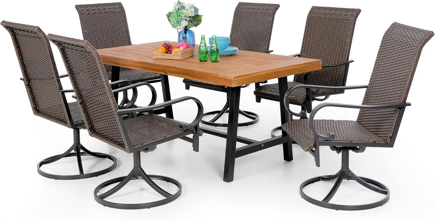 PHI VILLA 7 Piece Outdoor Dining Set for 6, 1 Acacia Wood Table & 6 Swivel Rattan Wicker Chairs, Outdoor Dining Furniture Set for Patio,Deck, Yard, Porch
