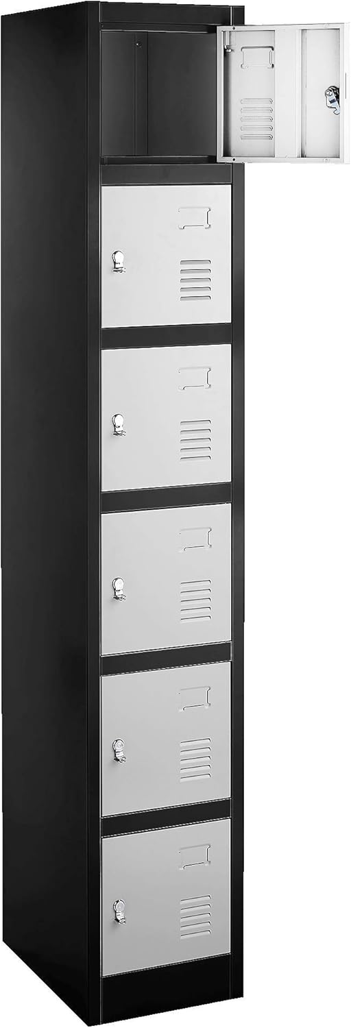 Fedmax Locker Storage Cabinet - 6 Metal Wall Lockers for School, Gym, Home, Office Employee Lock Box, 71 Inches High - Black/Grey