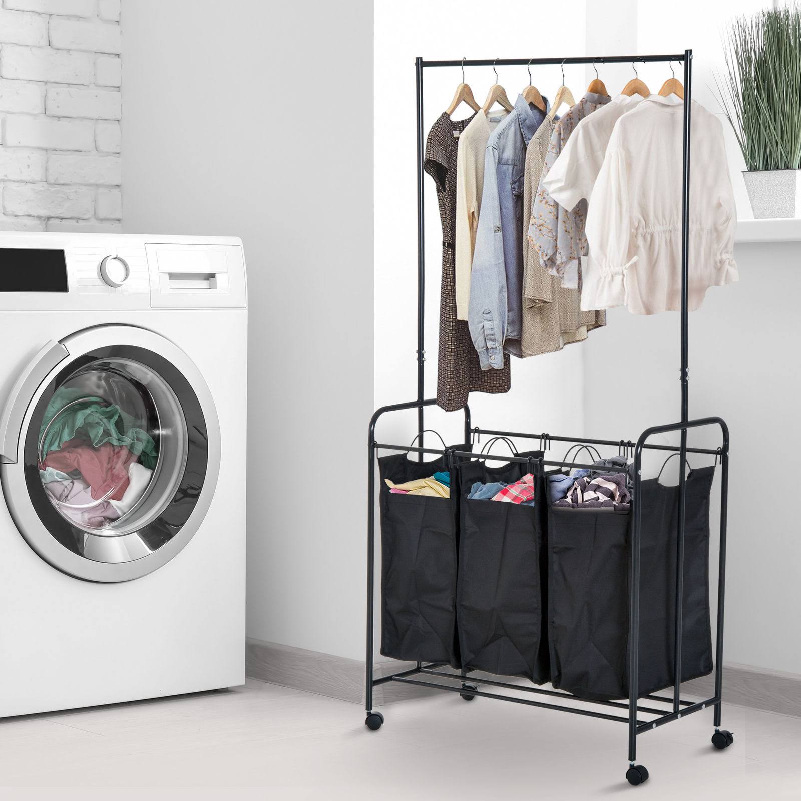 HOMCOM 3 Bag Heavy Duty Divided Laundry Hamper Sorter Cart with Wheels and Hanging Bar - Black