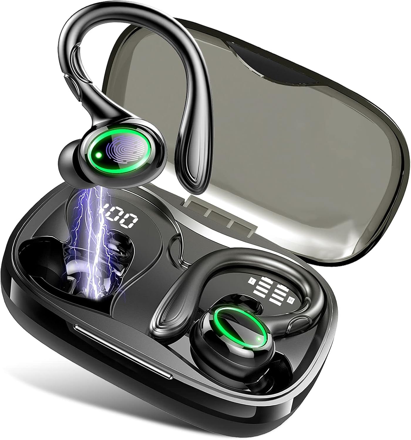 Wireless Earbud Sports, GCBIG Bluetooth 5.1 Headphones with Earhooks Stereo Deep Bass Noise Cancelling Earphones 48H Playtime LED Display IPX7 Waterproof Earbud with Mic Headset for Workout Running Pack of 2