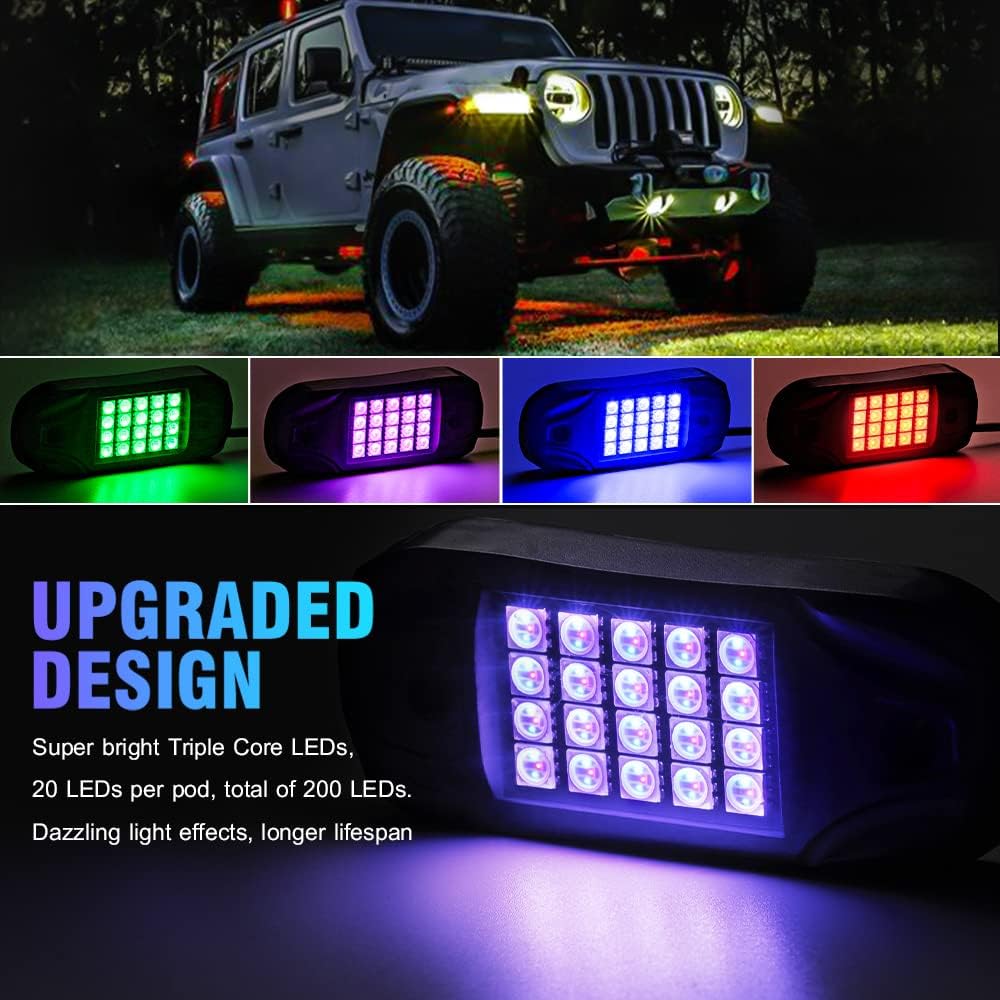 KASFREE RGB LED Rock Lights Kit, IP 68 Multicolor Neon Accent Music Flashing Lighting Underglow Kits 【Brightness Upgraded】 for Off-Road, Trucks, Cars, UTV, ATV, SUV, RZR, Motorcycles- 4 PCS