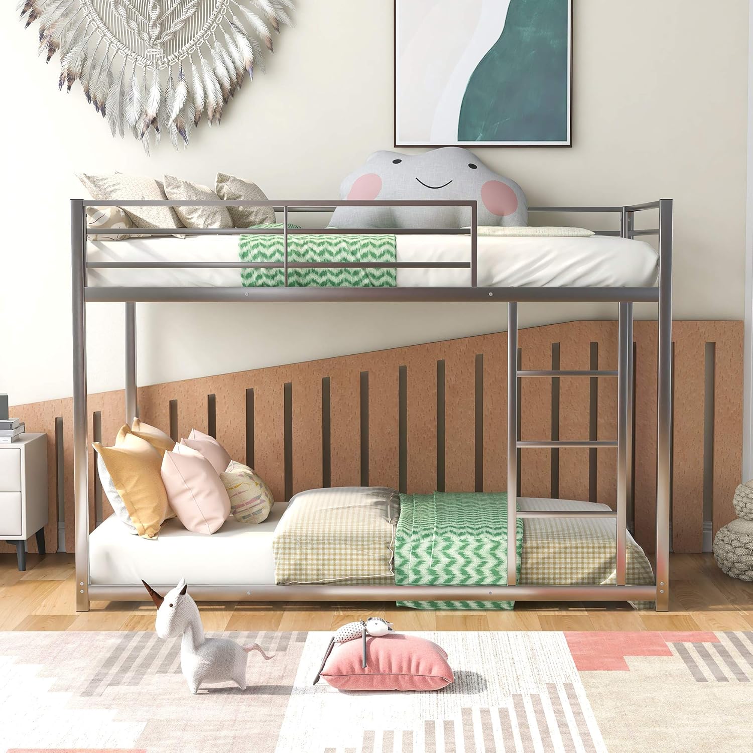 SOFTSEA Metal Bunk Bed, Junior&rsquo;s Full Over Full Low Bunk Beds Frame Industrial Style with Safety Guardrail and Ladder, No Box Spring Needed (Full Over Full, Black)