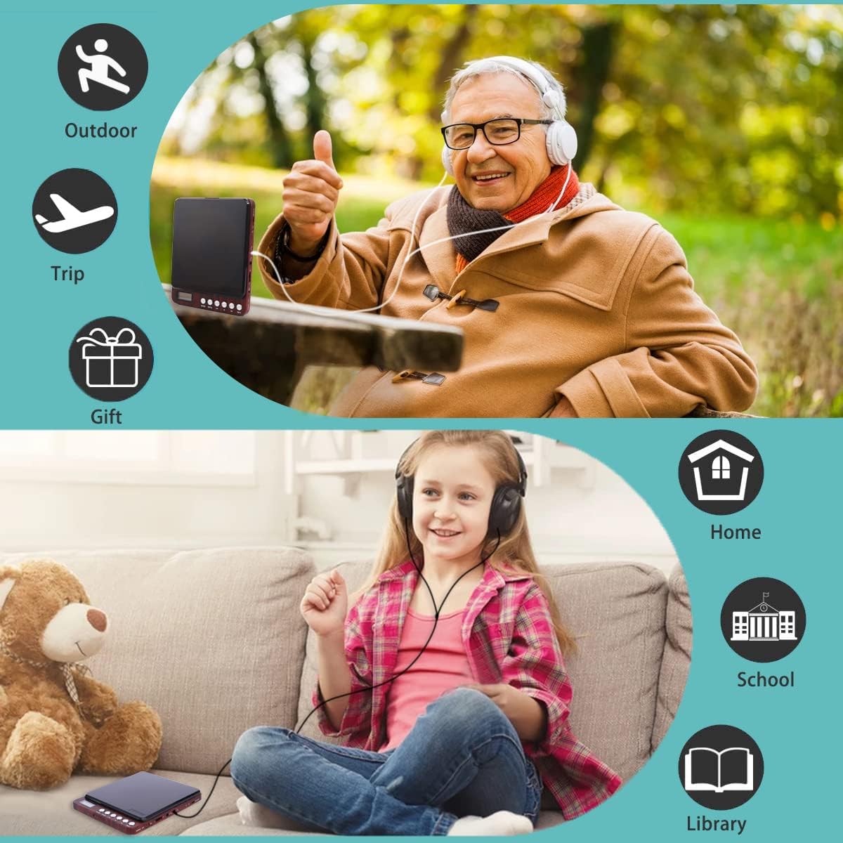 Portable CD Player for Home, Rechargeable Walkman CD Player with Double Headphone Jacks, Anti-Skip CD Player Personal Discman CD Player for Car & Home & Travel – The Elders, Kids Pack of 2