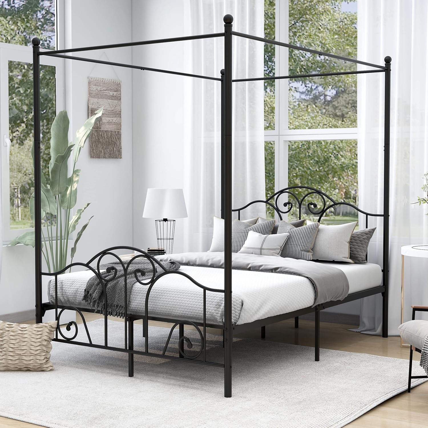 Metal Four Post Canopy Bed Frame Queen Size with Headboard and Footboard,Black
