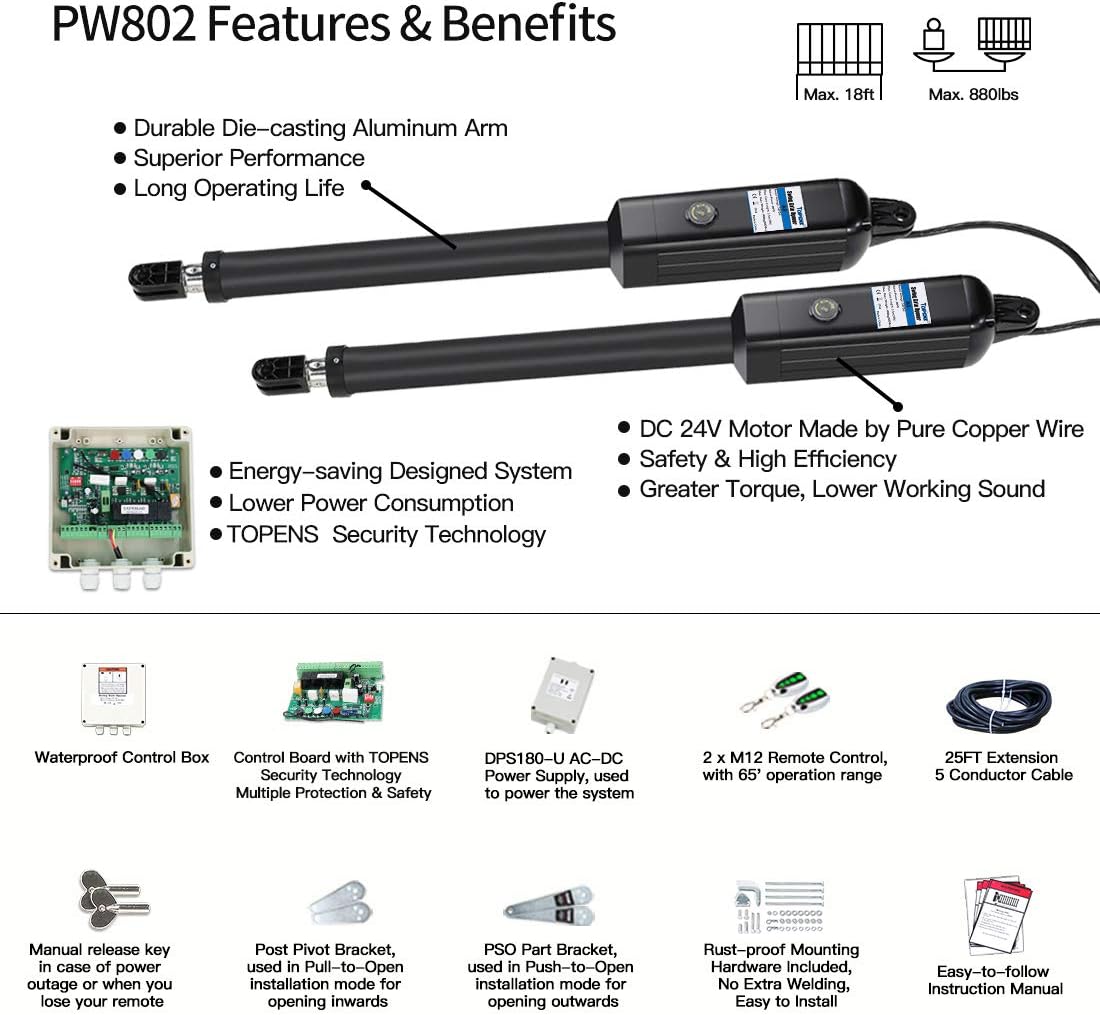 TOPENS PW802 Automatic Gate Opener Kit Heavy Duty Dual Gate Operator for Dual Swing Gates Up to 18 Feet or 880 Pounds Gate Motor AC Powered