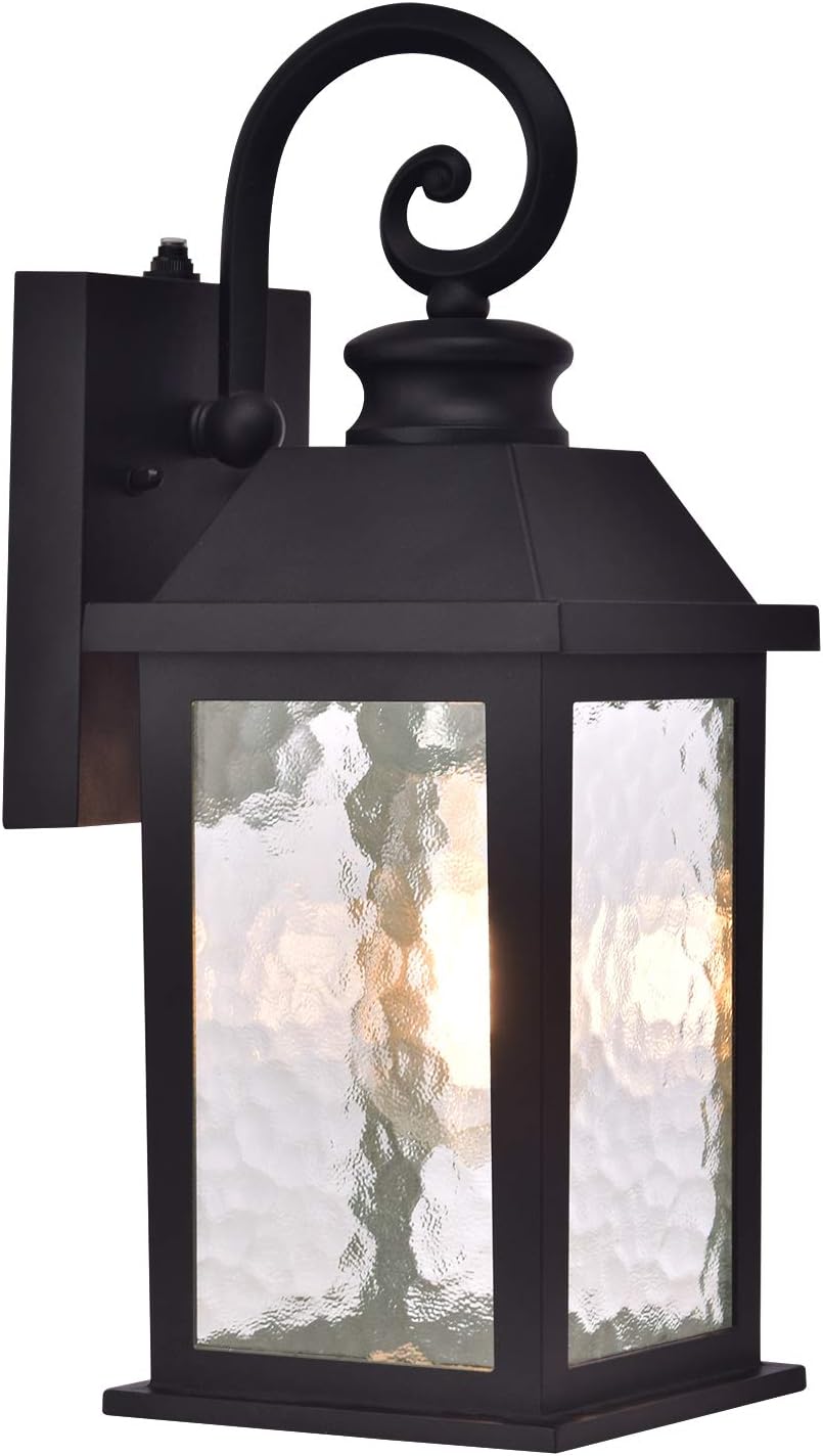 Dusk to Dawn Outdoor Wall Lantern Porch Light Exteriors House Lights Wall Mount Waterproof Anti-Rust Modern Black Sconce Small for Patio Light Fixtures with Water Rippled Glass 2pc (Bulb Not Included)