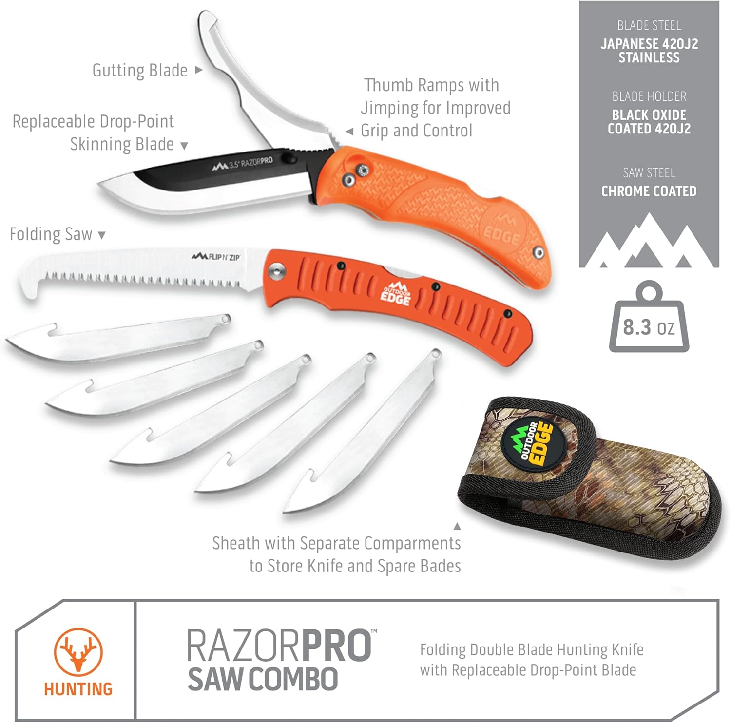 Outdoor Edge RazorPro - Double Blade Folding Hunting Knife with 3.5