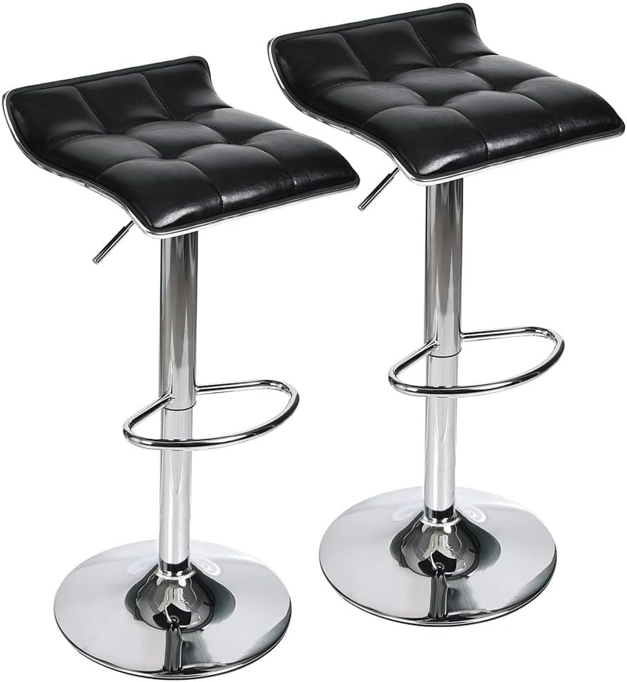 Set of 2, Adjustable Swivel Gas Lift Barstools, PU Leather with Chrome Base, Black