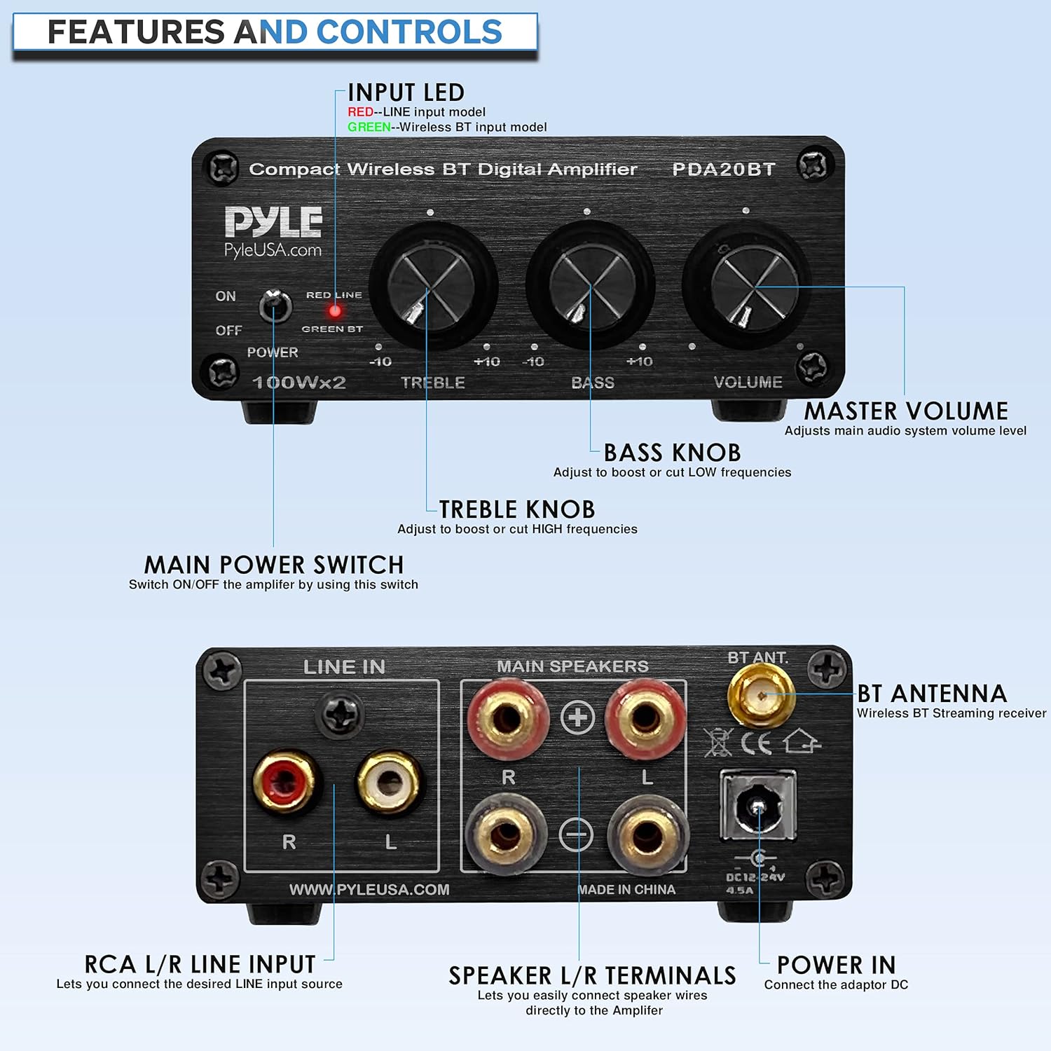 Pyle Compact Powerful Home Audio Amplifier Receiver Mini with Bluetooth 5.0 Desktop Blue Series 2 x 100 Watt for Home Speakers w/Bass &Treble Control - PDA22BT Pack of 2