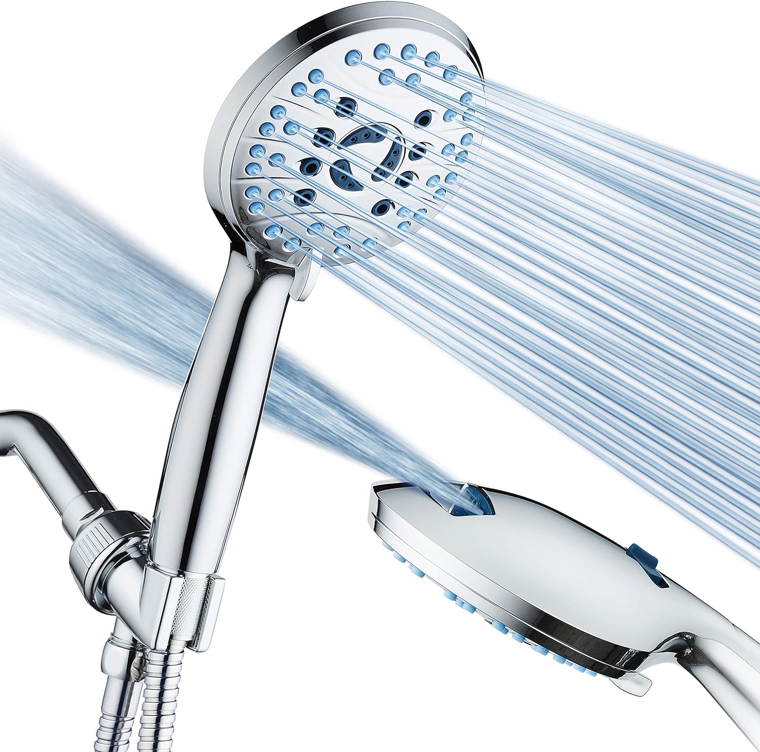 AquaCare AS-SEEN-ON-TV High Pressure 8-mode Handheld Shower Head - Antimicrobial Nozzles, Built-in Power Wash to Clean Tub, Tile & Pets, Extra Long 6 ft. Stainless Steel Hose, Wall & Overhead Brackets Pack of 2