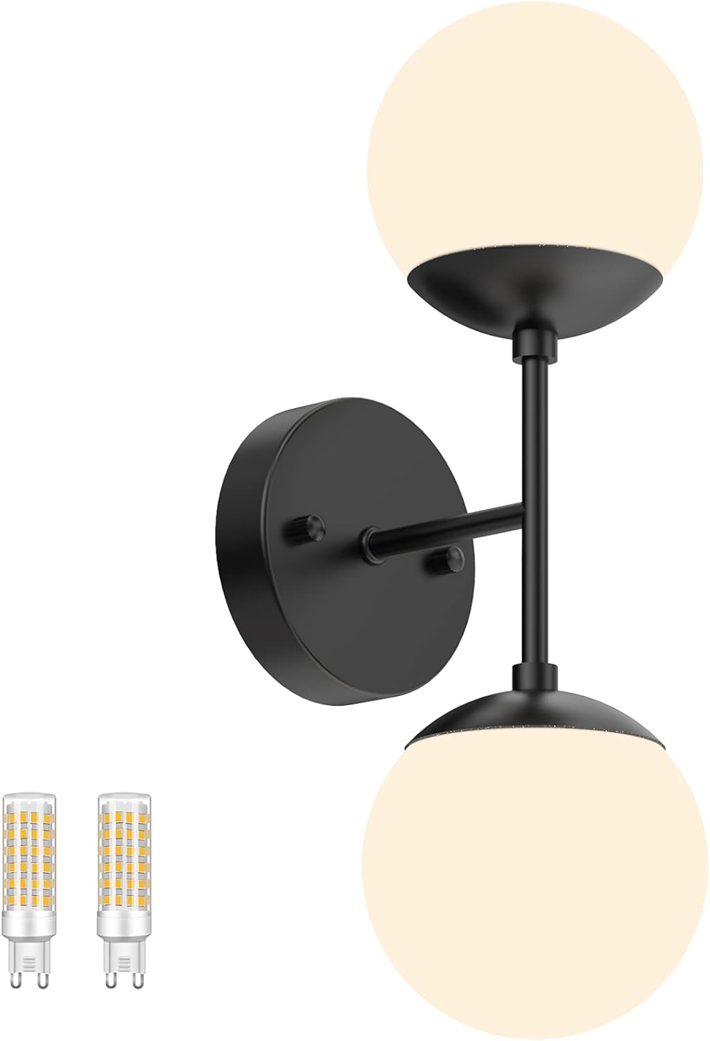 Tipace Black Wall Sconce 2 Lights,Black Sconce Light,Modern Globe Wall Light 2 Lights for Restaurant Living Room Bedside Stairs Bathroom Mirror(6000K G9 Bulbs Include)